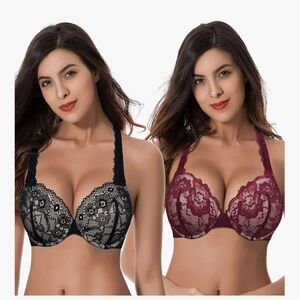 Lace Push-Up Bra Set - Black and Burgundy